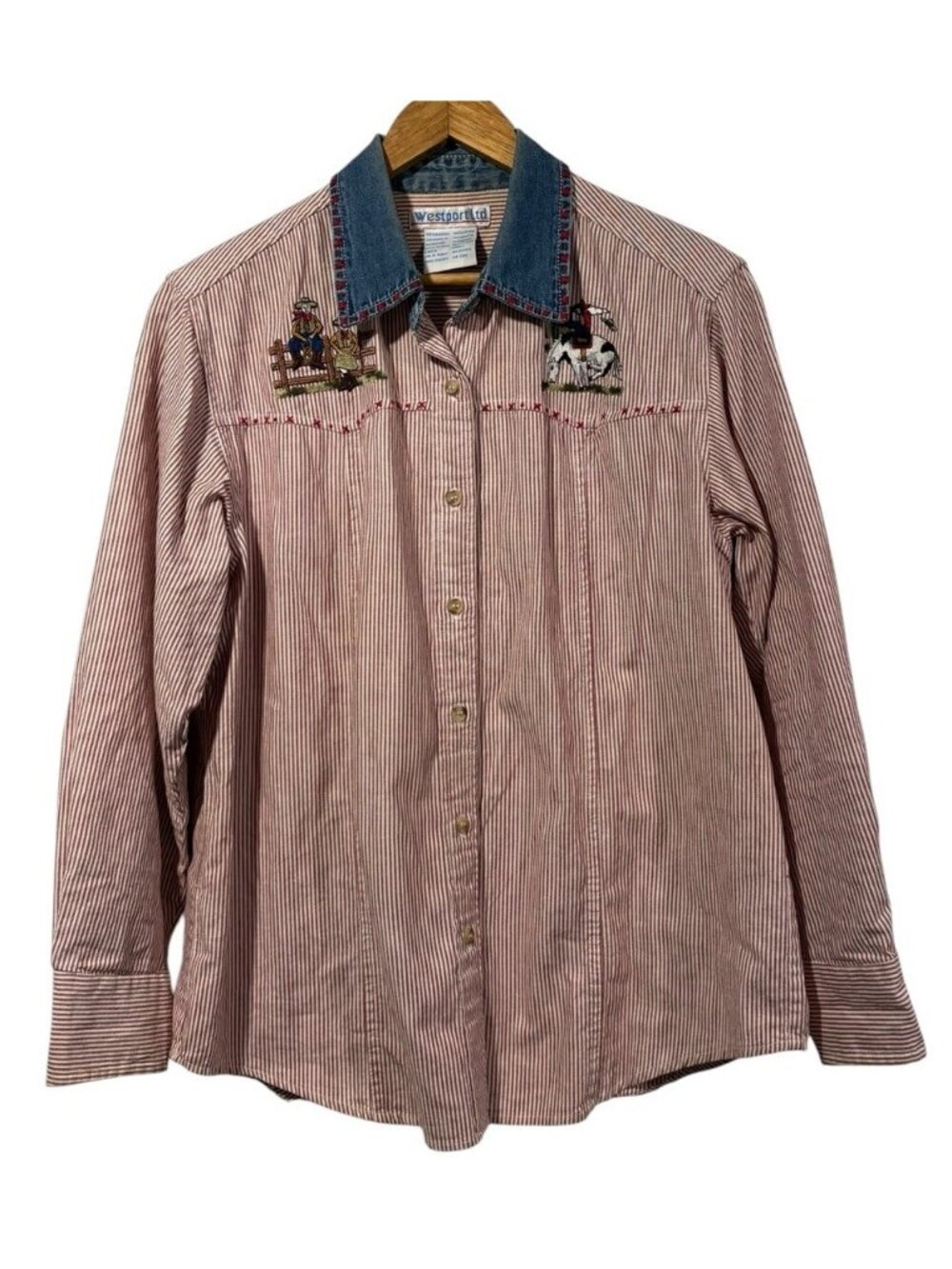 Vtg Westport Embroidered Button Up Shirt Red Pinstripe Denim Collar Western Sz S